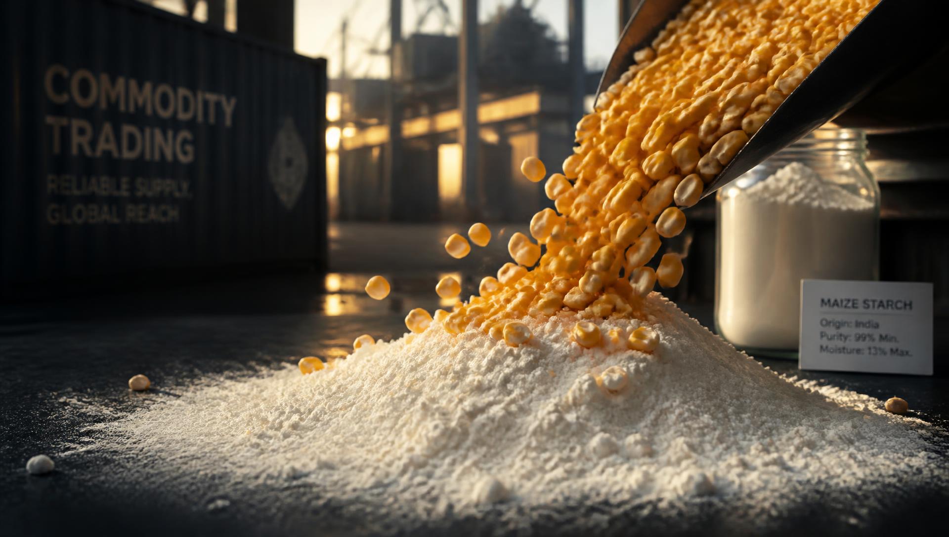 Golden maize kernels pouring into a mound of fine white corn starch